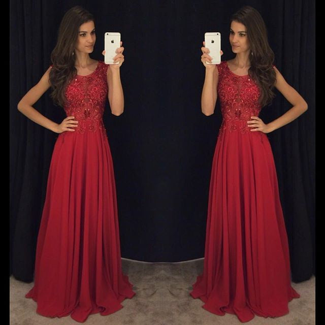 Red Cheap Formal A Line Modest Floor Length Chiffon Prom Dress, WG287