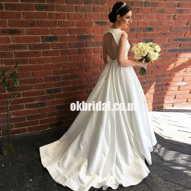 Charming V-Neck Satin Wedding Dress, A-Line White Open-Back Sleeveless Wedding Dress, LB0952