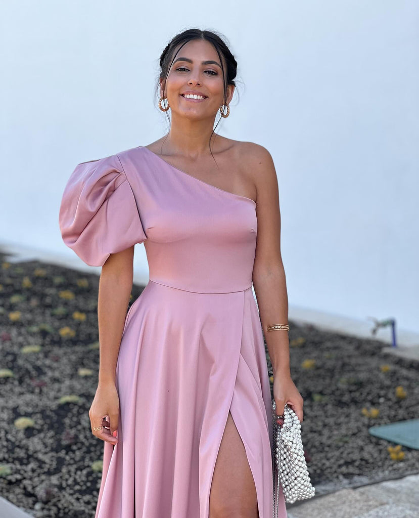A-line One-shoulder Slit Soft Satin Bridesmaid Dress, FC7051