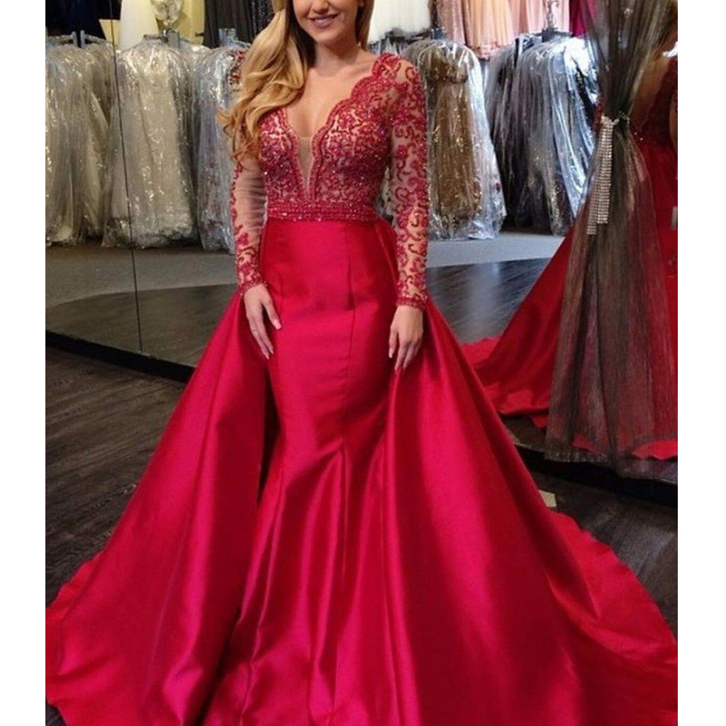 Custom Made Red Long Sleeve Beaded Backless Deep V-neck Prom Dresses, FC1952