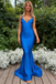 Blue Spaghetti Straps V-neck Mermaid Backless Long Prom Dresses, OB101