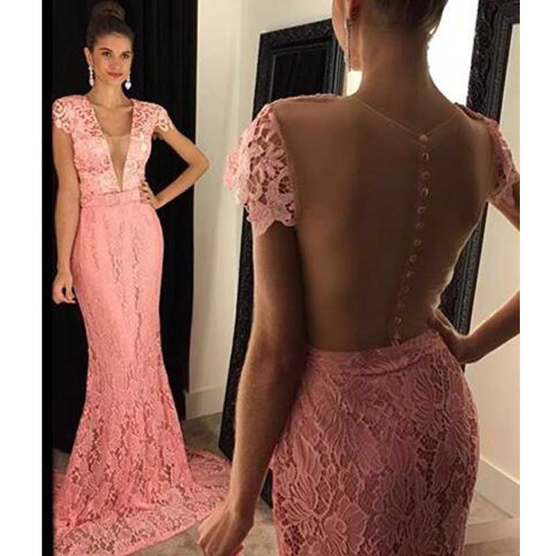 Cap Sleeve Peach Lace Mermaid Evening Prom Dresses, 2017 Sexy See Through Prom Dress, Custom Long Prom Dress, Cheap Party Prom Dress, Formal Prom Dress, 17039