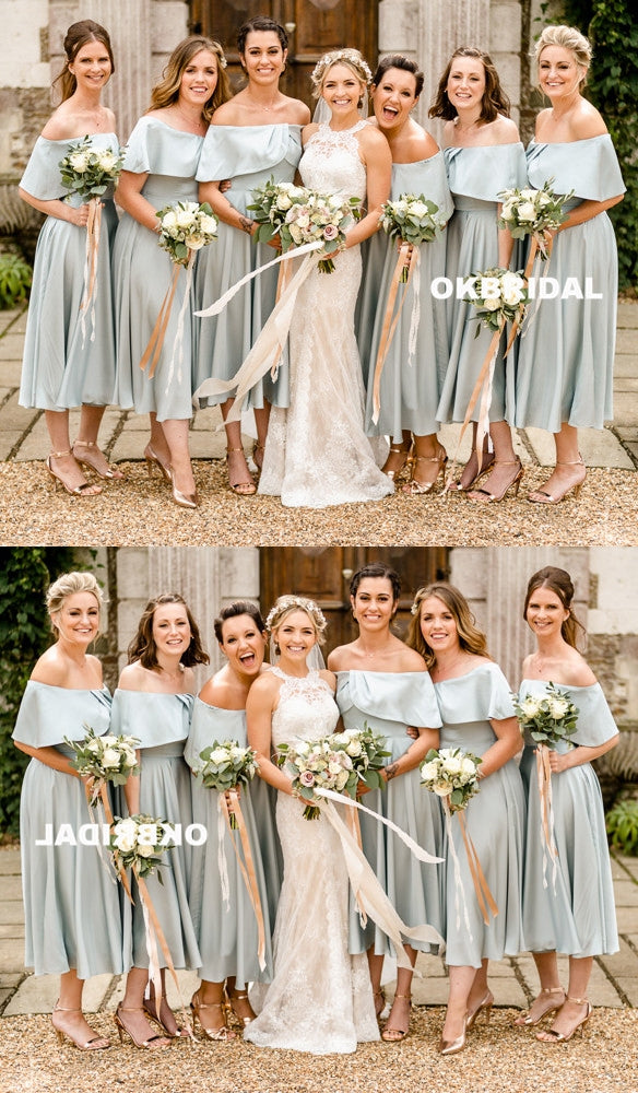 Charming Tea-Length Off Shoulder Bridesmaid Dresses, Soft Satin Bridesmaid Dresses, KX1081