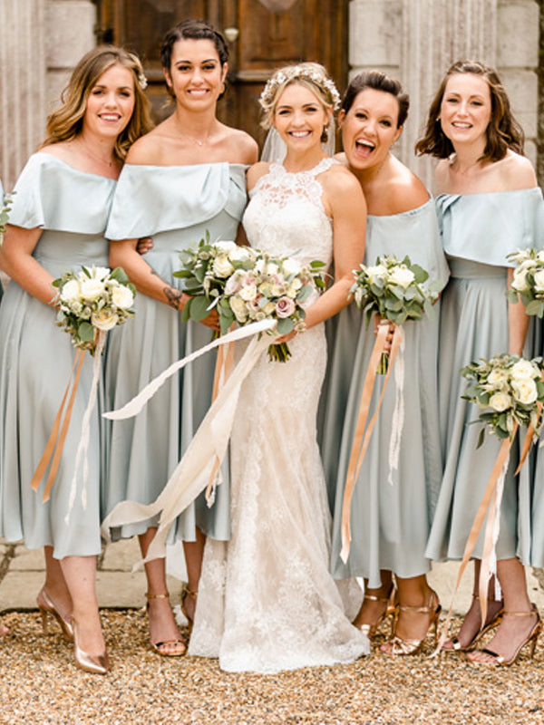 Charming Tea-Length Off Shoulder Bridesmaid Dresses, Soft Satin Bridesmaid Dresses, KX1081