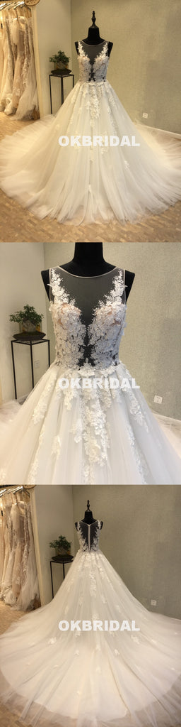 Cheap A-Line Tulle Wedding Dresses, Applique Round Neckline Wedding Dresses, KX1091