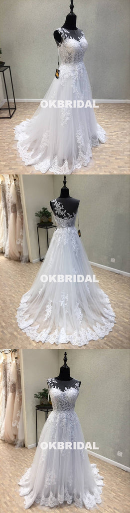 Long Tulle Cheap Applique Wedding Dresses, A-Line Lace Wedding Dresses, KX1092