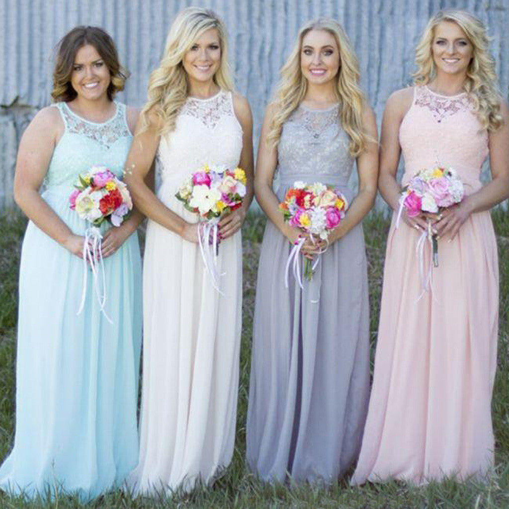 Off Shoulder Small Round Neck Top Lace Different Colors Chiffon Floor-Length Cheap Maxi Bridesmaid Dresses, WG110