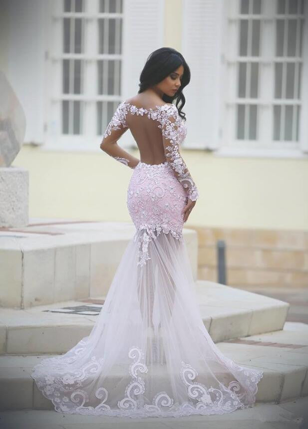 Long Sleeve Pink Lace Mermaid Evening Prom Dresses, Sexy See Through Party Prom Dress, Custom Long Prom Dresses, Cheap Formal Prom Dresses, 17042