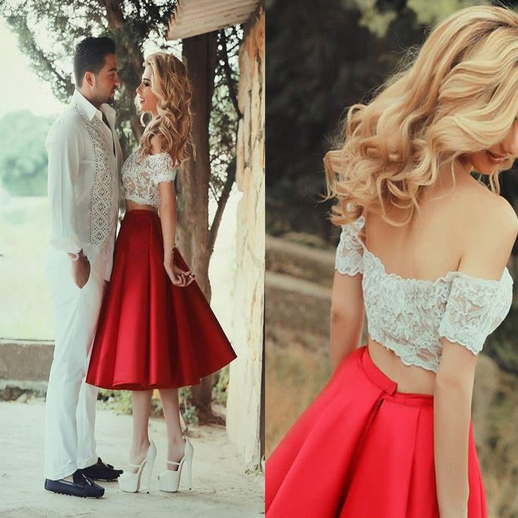 Short sleeve off shoulder two pieces lace red tea-length casual homecoming prom gown dress,BD00115