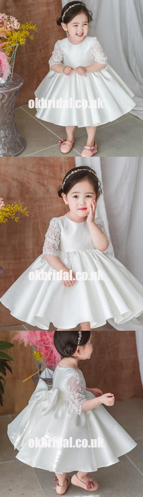 Half Sleeve Satin Flower Girl Dresses with Bow-Knot, Lace Popular Little Girl Dresses, KX1173