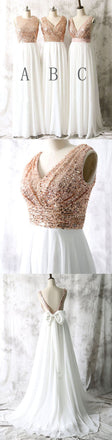 Mismatched Different Styles Sequin Top White Chiffon Sleeveless On Sale Long Bridesmaid Dresses For Wedding, WG17