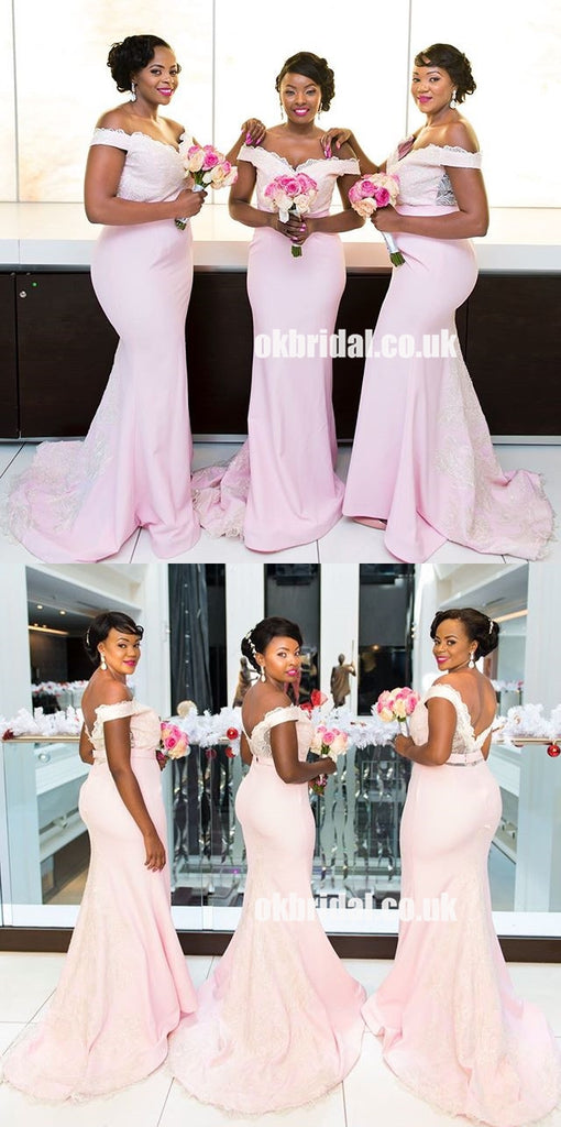 Pink Mermaid Bridesmaid Dresses, Off Shoulder Lace Backless Bridesmaid Dresses, KX1210