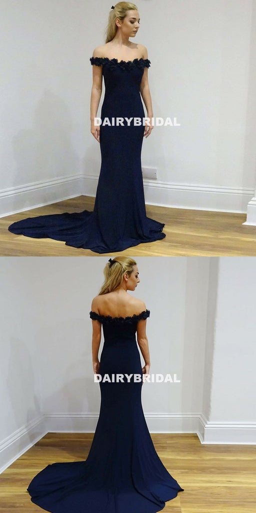 Navy Off Shoulder Jersey Mermaid Backless Applique Prom Dress, FC1260