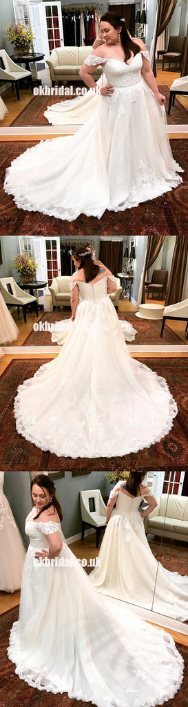 Charming White Lace Off Shoulder Wedding Dress, A-Line Tulle Backless Wedding Dress, KX1274