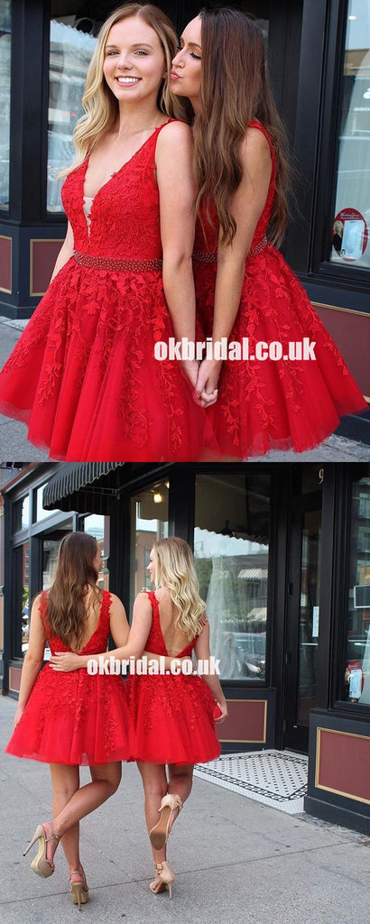 Red Tulle A-Line Homecoming Dress, Applique Sleeveless Beaded Homecoming Dress, KX1280