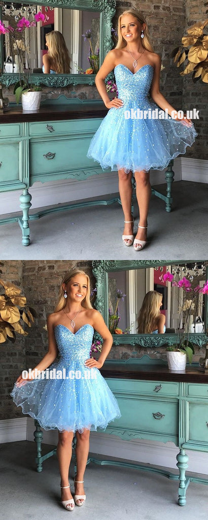 Blue A-Line Beaded Homecoming Dress, Sleeveless Tulle Backless Homecoming Dress, KX1287