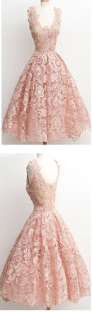 Dark Pink Lace Floral prints Vintage tea length elegant casual homecoming prom dresses,BD00128