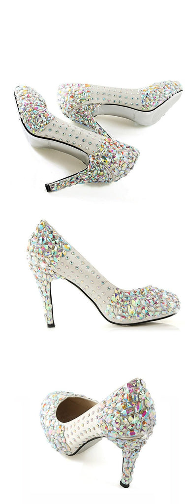 Popular Sparkly Crystal High Heels Pointed Toe White Wedding Bridal Shoes, S011