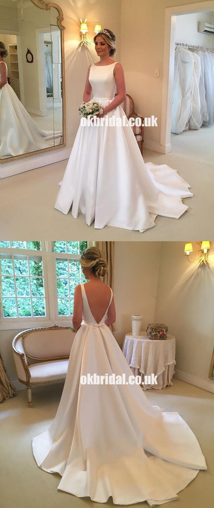 Charming Satin Simple Design A-Line Backless Gorgeous Wedding Dresses, KX1345