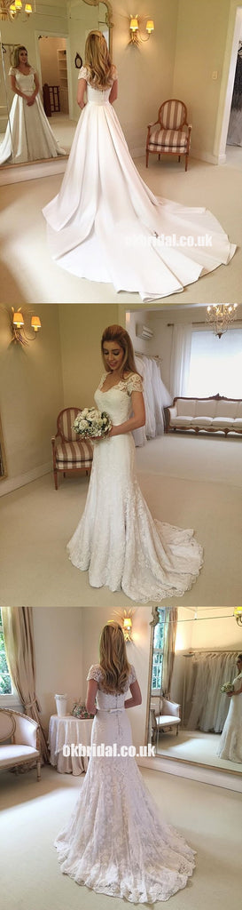 Short Sleeve Elegant Lace A-Line Wedding Dresses with Detachable Satin Skirt, KX1347