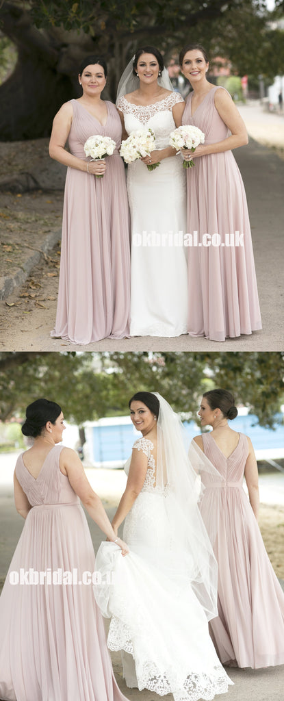 Long Chiffon V-Neck Sleeveless Bridesmaid Dress, A-Line Cheap Pink Bridesmaid Dress, KX1382