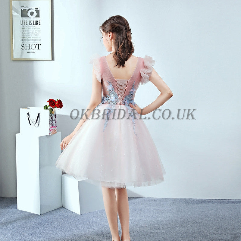 Tulle Homecoming Dress, V-Neck Homecoming Dress, Knee-Length Junior School Dress, Applique Homecoming Dress, KX13