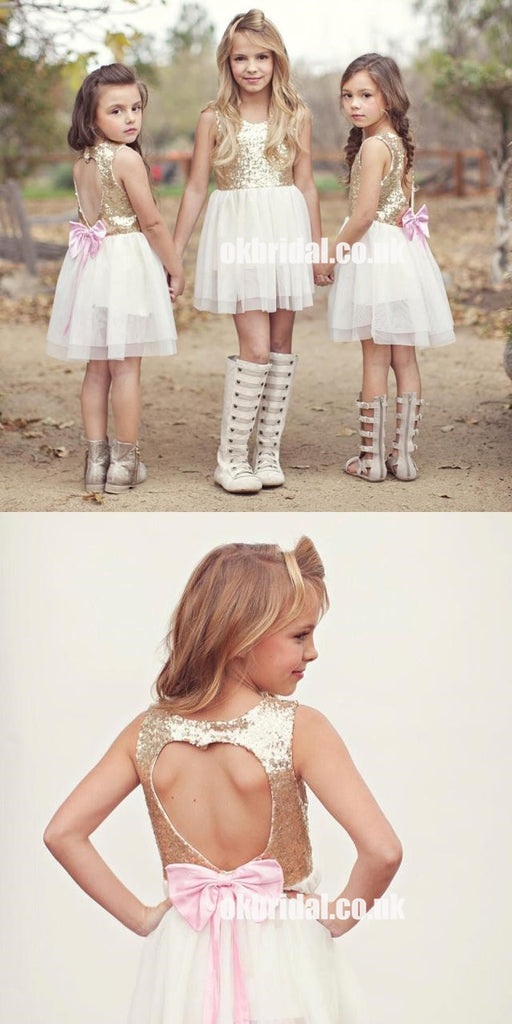 Tulle A-Line Open-Back Flower Girl Dresses, Sequin Popular Little Girl Dresses, FC1416