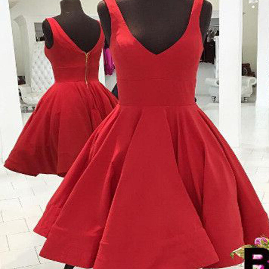 Blush red simple v-neck freshman A-line cheap homecoming prom gown dress,BD00141