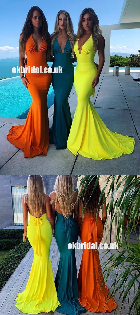 Sexy Deep V-Neck Halter Bridesmaid Dress, Mermaid Bright Backless Bridesmaid Dress, KX1447