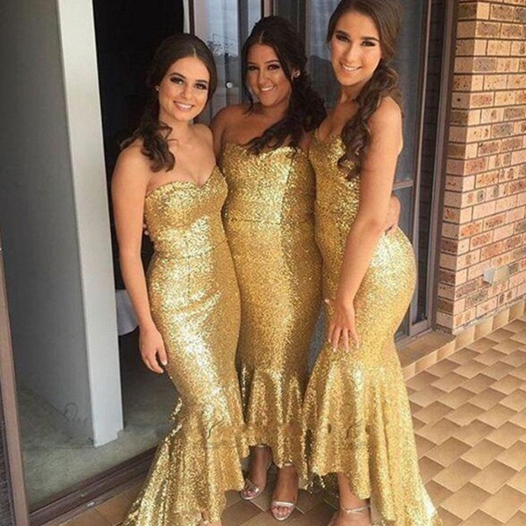 Shinning Gold Sequin Sweet Heart Mermaid Sexy Cheap Custom Make Handmade Long Bridesmaid Dresses, WG144