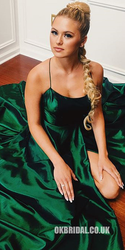 Green Spaghetti Straps A-Line Simple Backless Slit Prom Dresses, FC1452