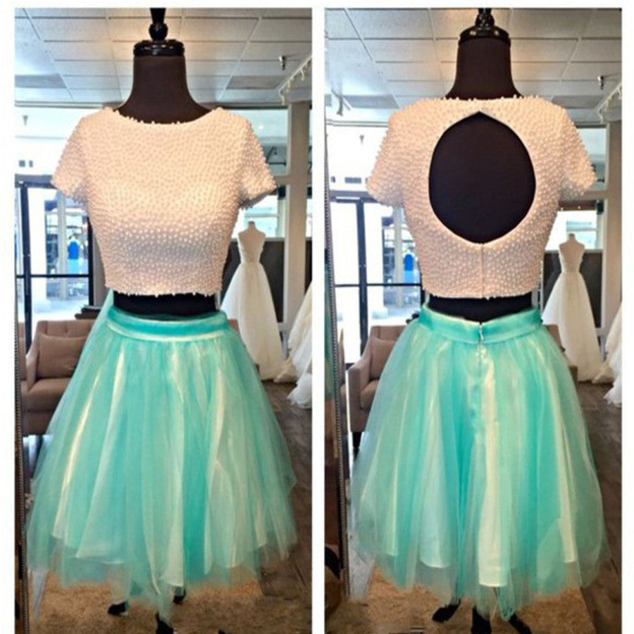 Short sleeve two pieces beaded open back unique cute for teens  homecoming prom dresses, BD00148