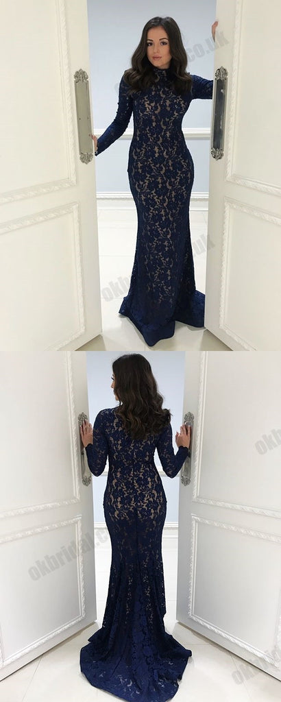 Long Sleeve Lace Prom Dresses, Navy Mermaid Floor-Length Prom Dresses, KX1535