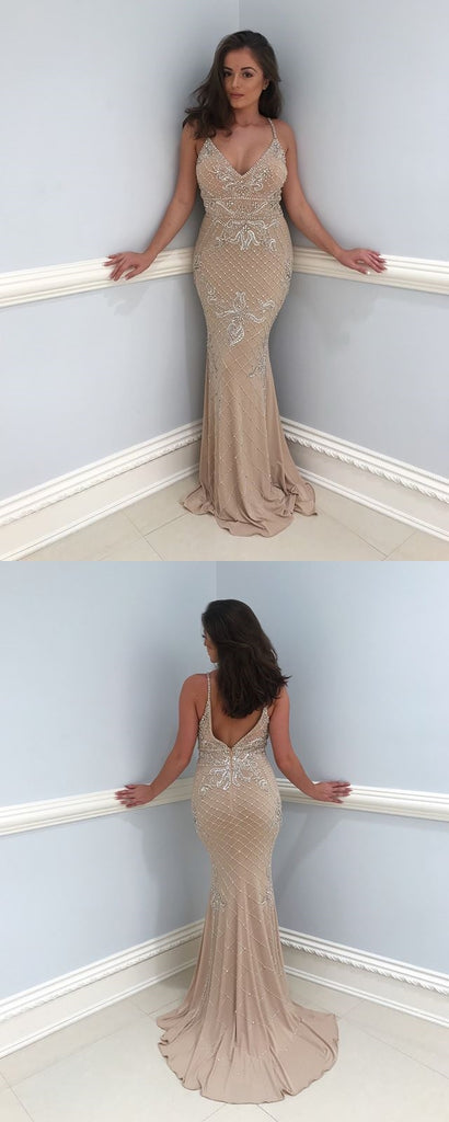 Sexy V-Neck Mermaid Jersey Backless Beaded Prom Dresses, FC1536