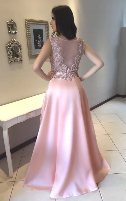 Pink Satin A-Line Sleeveless Prom Dresses, Tulle Long Beaded Prom Dresses, KX157