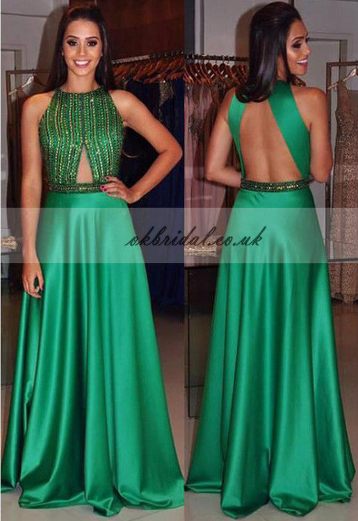 Green Backless Satin Prom Dress, Sleeveless Sexy Beaded Prom Dress, KX160