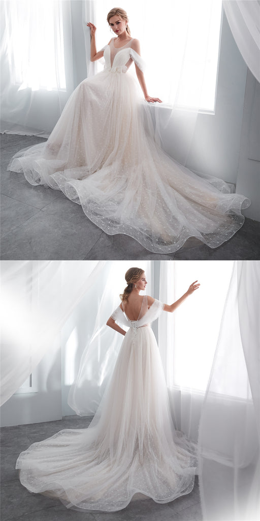 Charming Round Neckline A-Line Tulle Backless Lace Beaded Wedding Dresses, FC1636