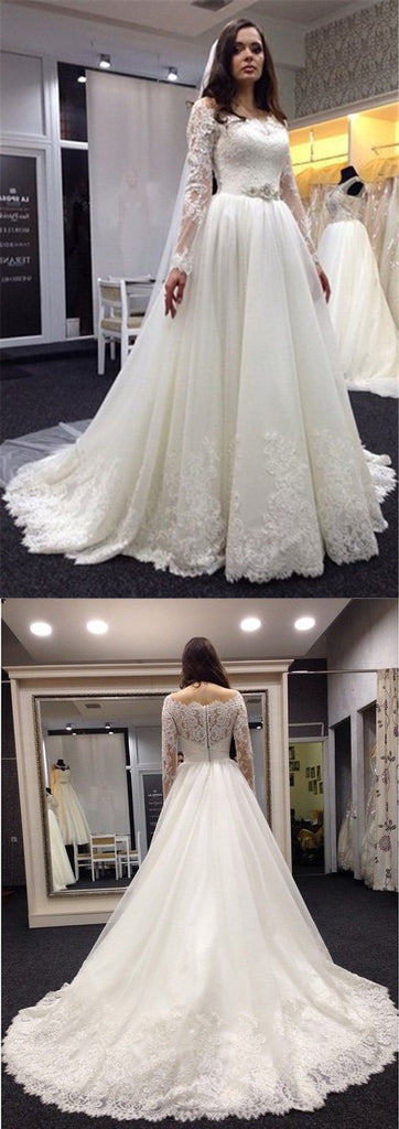 Elegant Off Shoulder Long Sleeve Lace A-Line Tulle Wedding Dress, FC1639