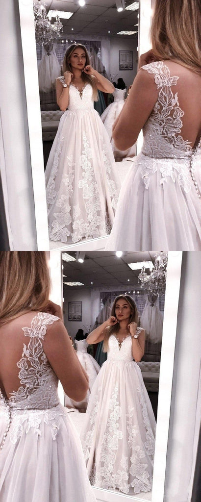 Elegant Lace A-Line Backless Applique Sleeveless Tulle Cheap Wedding Dress, FC1642