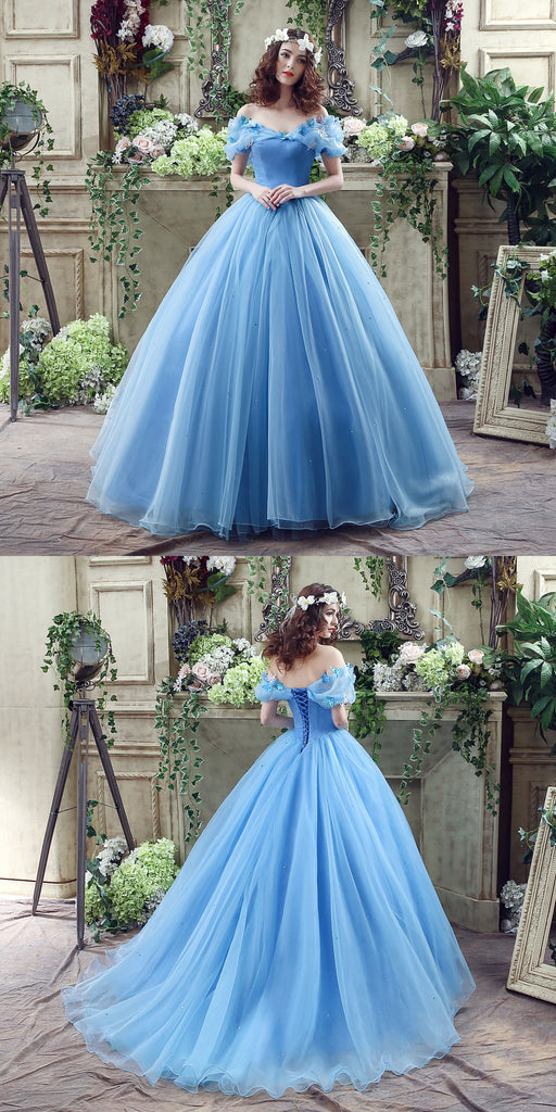 Off Shoulder Tulle Princess Beaded Charming Applique Backless Long Prom Dress, FC1703