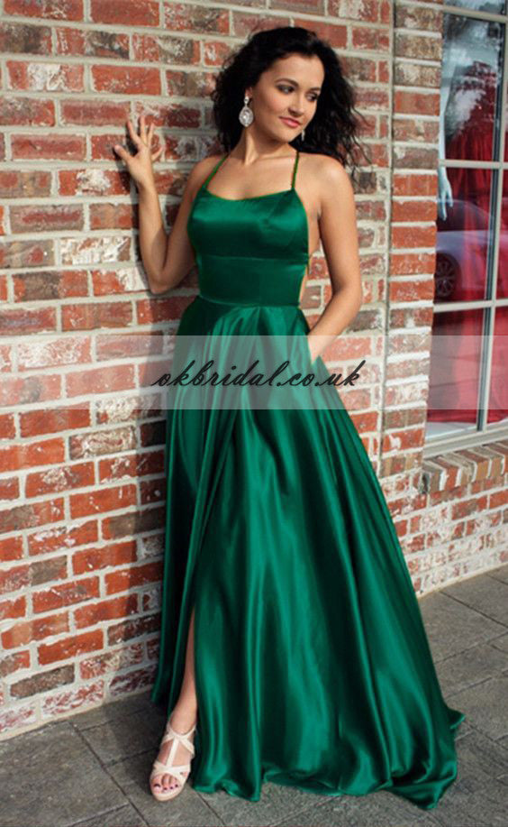 Sexy Spaghetti Straps Backless Prom Dress, Satin Slit Cheap Prom Dress, KX173