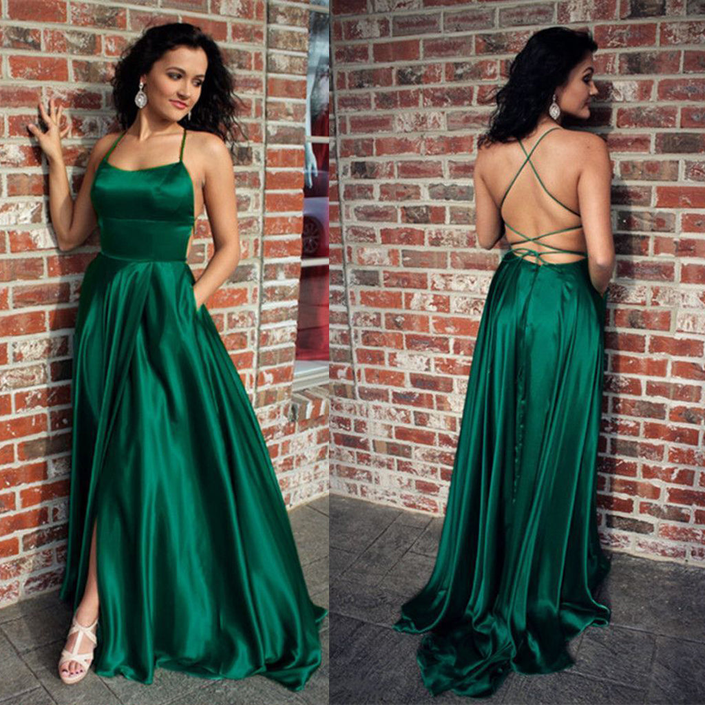 Sexy Spaghetti Straps Backless Prom Dress, Satin Slit Cheap Prom Dress, KX173