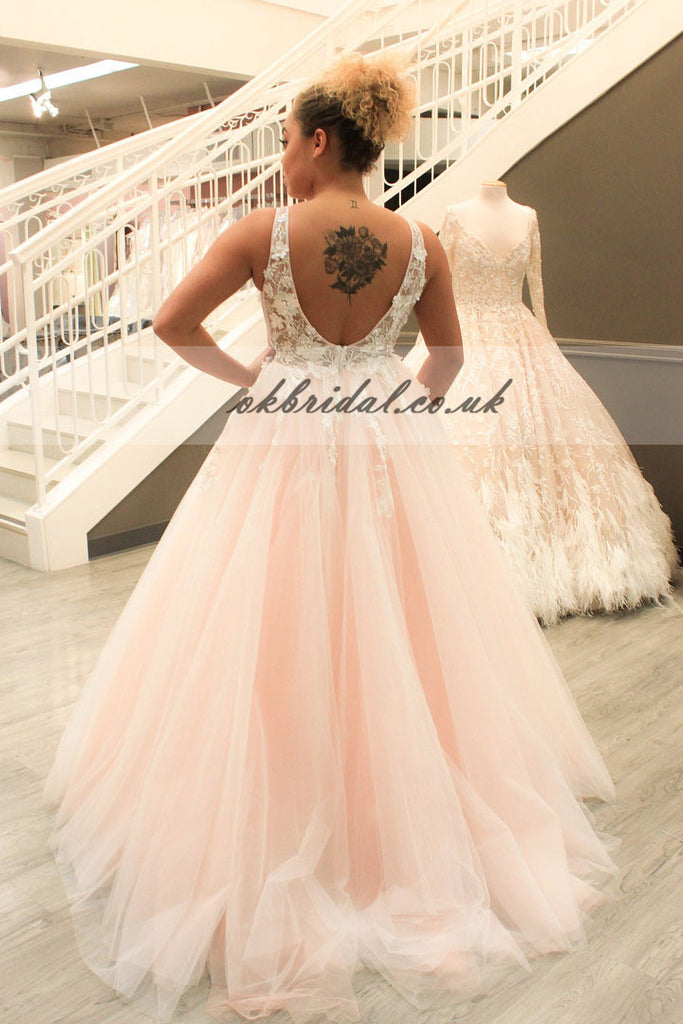 Deep V-Neck Charming Tulle Prom Dress, A-Line Applique Prom Dress, Backless Prom Dress, KX179