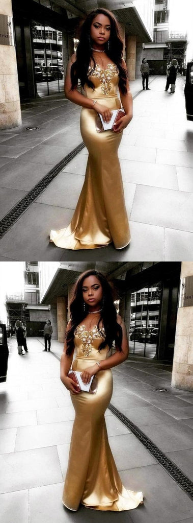 Gold Charming Mermaid Backles Prom Dresses, Sweet Heart Beaded Soft Satin Prom Dresses, KX192