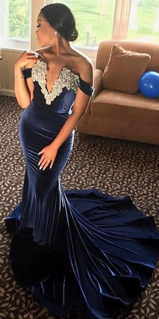 Charming Off Shoulder Velvet Mermaid V-Neck Applique Prom Dresses, FC1930