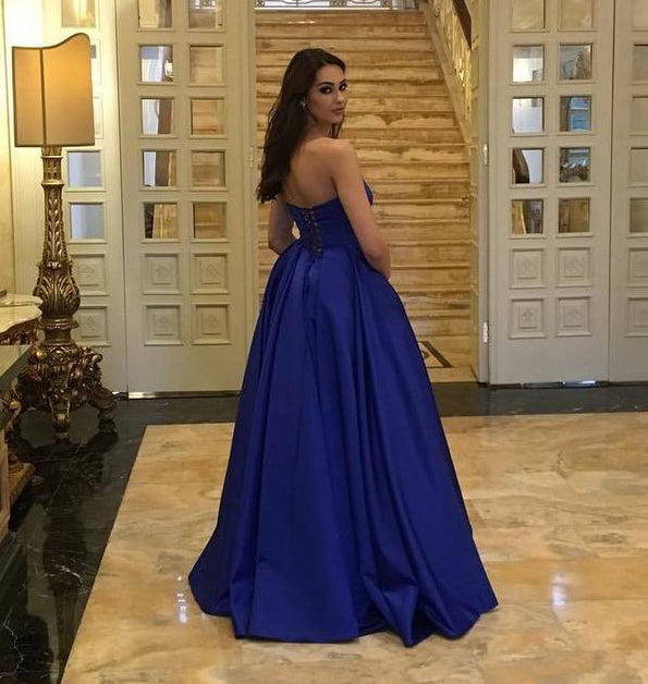 Gorgeous Royal Blue Simple Prom Dress, Sexy Backless Satin A-Line Prom Dress, KX199