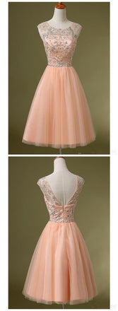 Peach Tulle Beaded Short Cute homecoming prom dresses, CM0031