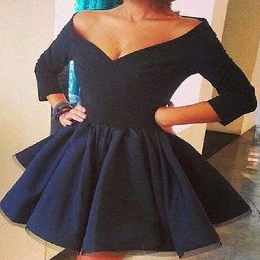 Hot Selling Long sleeve black off shoulder simple v-neck A-line for teens homecoming prom dress,BD00200