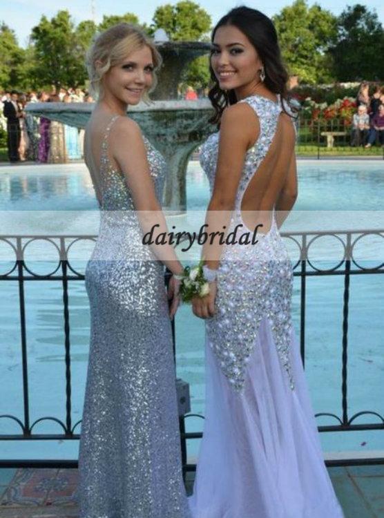 Chiffon Mermaid Open-Back Beaded Sparkle Sleeveless Long Prom Dress, FC200