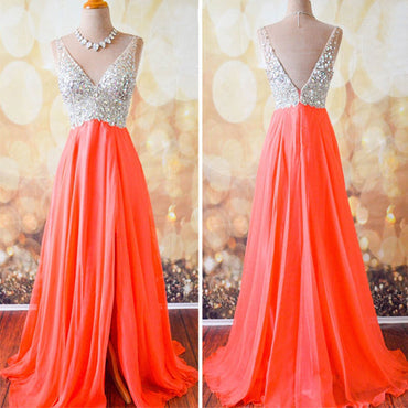 Gorgeous Coral Formal A Line V Neck Side Split Shinning Long Prom Dresses, WG202